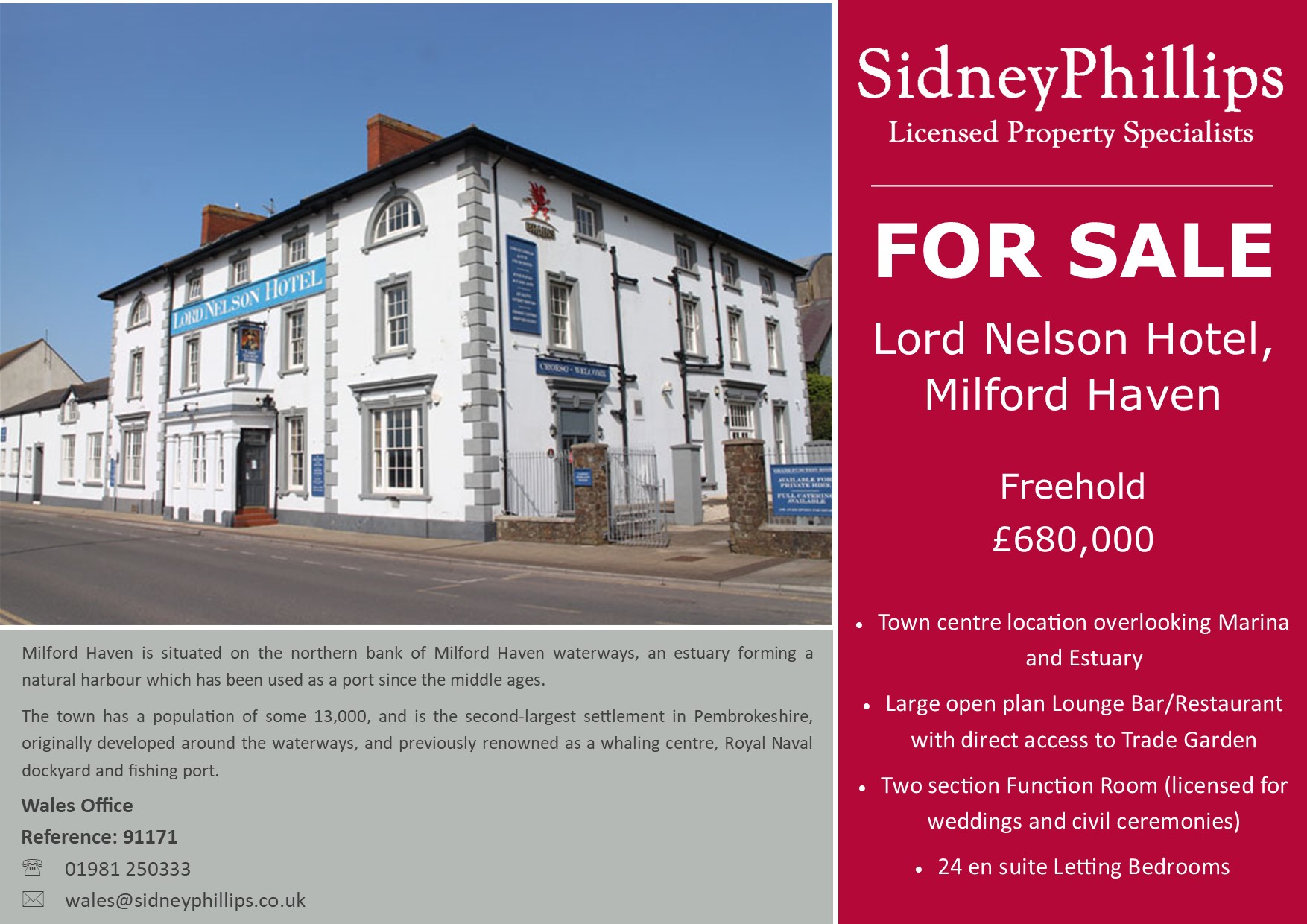 Outstanding Hotel Overlooking Milford Haven Marina for Sale